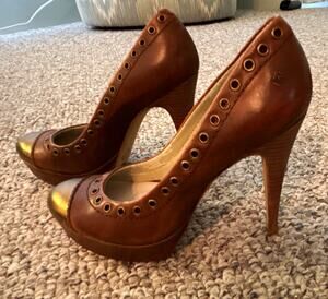 Capodarte Women's Leather Pump Platform Slip-On Brown/Gold Metallic Eyelet 6